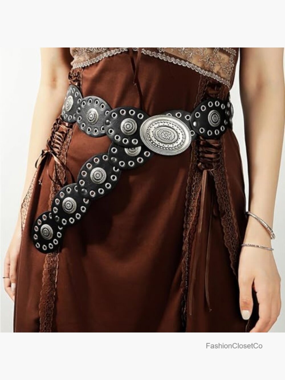 Vintage Boho Western Concho Belt PU Leather Disc Belt for Women Music Festival - Picture 2 of 7